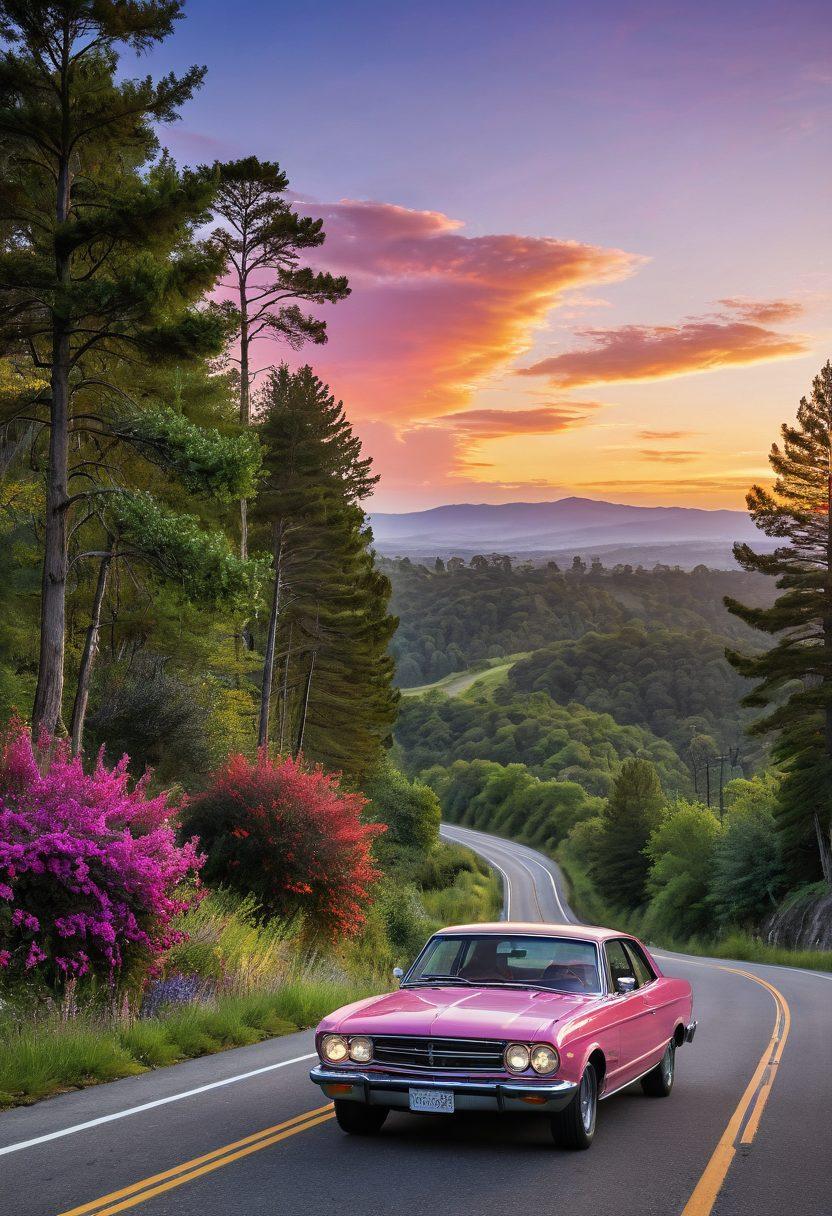A scenic open road stretching into the horizon, flanked by lush green trees and a picturesque sunset. A diverse assortment of colorful rental cars parked along the roadside, each showcasing unique designs and price tags. Include a suitcase and hiking gear leaning against one car to symbolize adventure and travel. Capture a sense of freedom and excitement, ideal for road trips. vibrant colors. super-realistic.