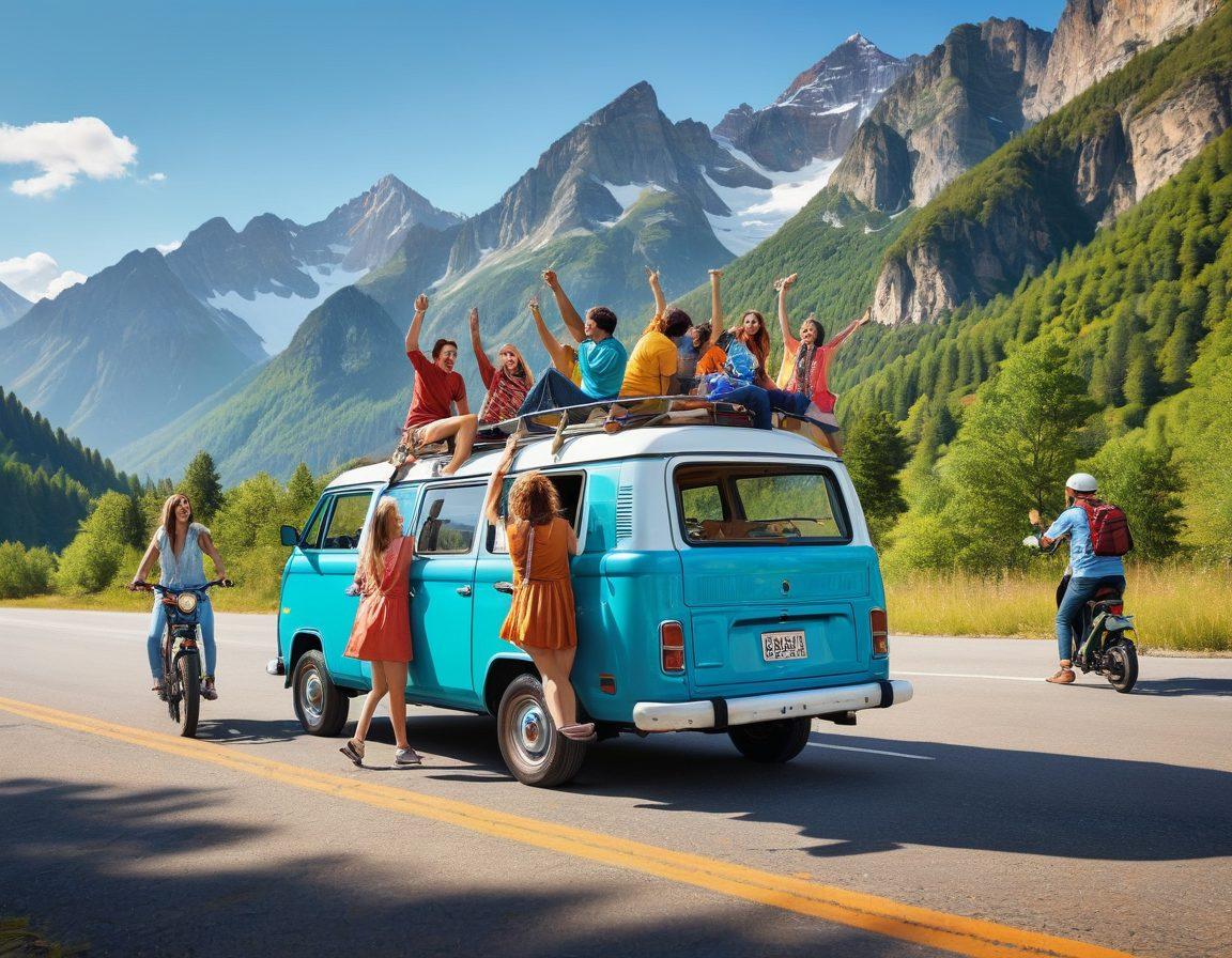A vibrant scene featuring diverse, cheerful travelers enjoying a road trip in various pocket-friendly vehicles, such as colorful vans, scooters, and bikes, set against a bright landscape with scenic mountains and sunny skies. The travelers are laughing, taking pictures, and sharing joyful moments, emphasizing fun and budget-friendly adventures. Include playful elements like luggage stickers and maps around them. super-realistic. vibrant colors. cheerful atmosphere.