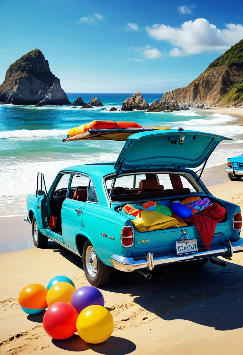 A lively scene showcasing a diverse group of happy travelers loading colorful luggage into a cheerful, vibrant car at a sunny seaside destination. Include playful elements like beach balls and colorful maps around them, with stunning waves crashing in the background. The atmosphere should be filled with excitement and exploration, emphasizing affordability and joy in car rentals. bright colors. cartoonish style. sunny day.